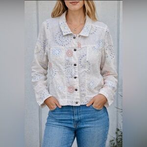 Paraphrase Woman 1X Linen Embroidered Boho Jacket White Pastel Floral Eyelet